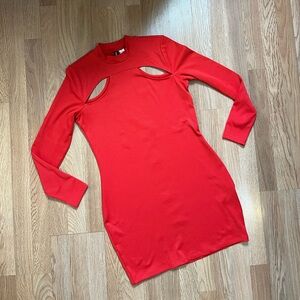 Divided Red Long Sleeve Cut-Out Dress